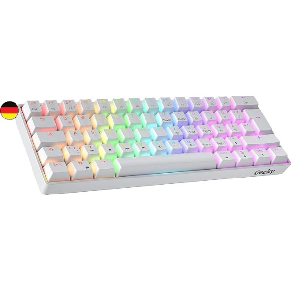 Geeky GK61 60% | Mehāniskā spēļu tastatūra | 62 taustiņi ar daudzkrāsainu RGB LED apgaismojumu PC/Mac spēlētājiem | ISO DE Qwertz vācu izkārtojums (balta, mehāniska, brūna)