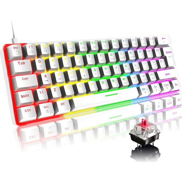 Mini 60% spēļu tastatūra, vadu mehāniskā tastatūra, kompakta, pārnēsājama, 62 taustiņi, UK izkārtojums, 19 RGB hroma izgaismojums, noņemams C tipa USB savienojums, PC, klēpjdatoram, Mac, PS4, Xbox (balta/arkana)