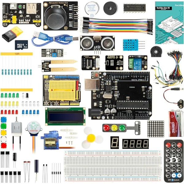 Rockbee UNO R3 Starter Kit un pamācību komplekts (55 elementi) ar atmiņas karti, izmanto oriģinālās mikroshēmas, saderīgas ar Arduino IDE (STK)