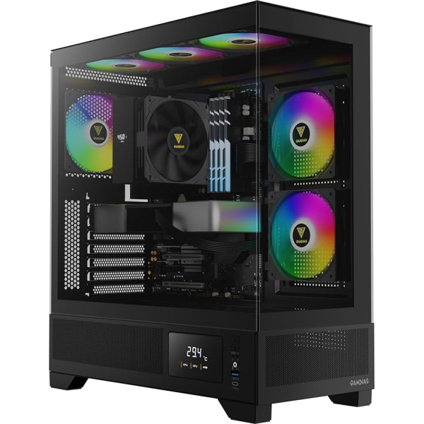 GAMDIAS RGB Mid Tower spēļu datora korpuss ar displeju - ATX galddatora korpuss ar rūdītu stiklu un 3 iebūvētiem 120 mm ARGB PWM ventilatoriem, saderīgs ar RX40 sērijas GPU, Atlas M1