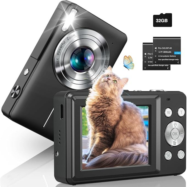 Digitālā kamera 1080P ar 32G karti 44MP foto kamera 2,4 collu ekrāns LED aizpildīšanas gaisma Kompaktā kamera 16X digitālā tālummaiņa Mini selfiju kamera Pārnēsājamā digitālā kamera bērniem pusaudžiem iesācējiem