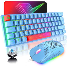 Spēļu tastatūra (sarkani zila) UK izkārtojums Mehāniskā spēļu tastatūra RGB 14 fona apgaismojuma efekti Mini 62 taustiņi C tipa kabelis + viegla RGB 6400DPI Honeycomb pele + saderīga ar peles paliktni