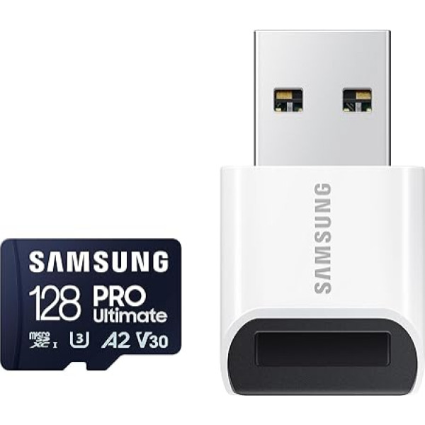 Samsung PRO Ultimate microSD karte + USB karšu lasītājs, 128 GB, viedtālruņiem, droniem un videokamerām, UHS-I U3, 200 MB/s nolasīšanai, 130 MB/s ierakstīšanai, MB-MY128SB/WW