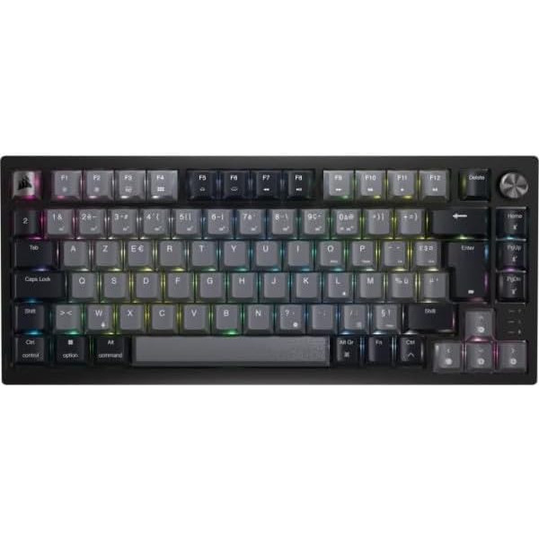 Corsair K65 Plus bezvadu 75% RGB mehāniskā spēļu tastatūra, Hot Red, Linear MLX Red, iepriekš eļļota, PBT taustiņu vāciņi, AZERTY FR - melna