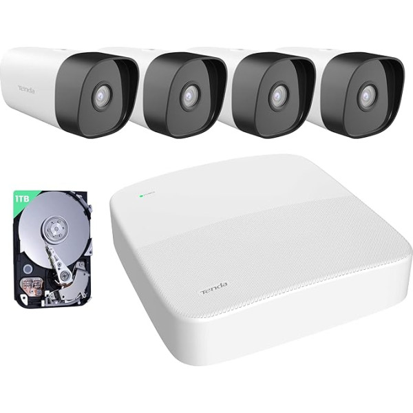 Tenda PoE āra novērošanas kameru komplekts, 4x 4MP videonovērošanas kameras ārtelpā + 1TB cietais disks + NVR (atbalsta līdz 10TB) 24/7 videonovērošanai, PoE IP kamera ar AI personas noteikšanu, nakts redzamība,