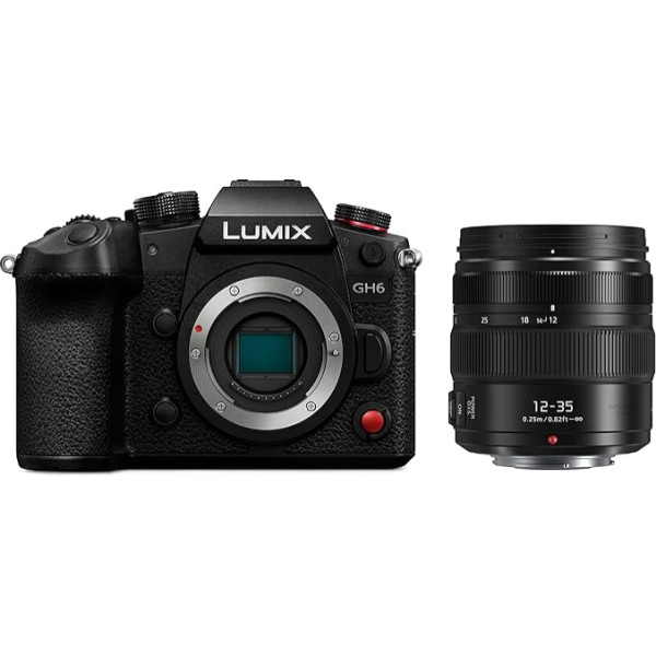 Panasonic LUMIX GH6 un LUMIX 12-35mm F2.8 objektīvs, 25,2 MP bezspoguļa kamera ar 5,7K 60 kadru/s/4K 120 kadru/s, neierobežotu C4K/4K 4:2:2 10 bitu video ierakstīšanu, 7,5 soļu 5 asu dubulto attēla stabilizāciju