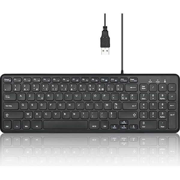 Perixx PERIBOARD-213U Compact Keyboard Filiare - Chiclet tastatūra ar klusiem šķērveida taustiņiem un multimediju taustiņiem Windows - franču AZERTY - melna