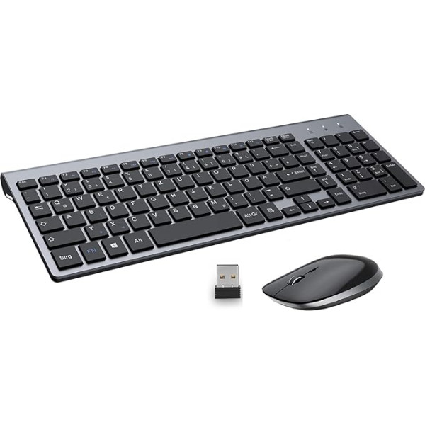 Bezvadu tastatūras un peles komplekts - USB QWERTZ bezvadu tastatūra, maza pele, ļoti plāna, klusa, ergonomiska tastatūra datoram/PC/Laptop/Smart TV/Windows (melna)