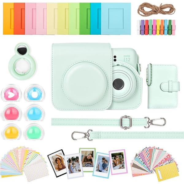 HIYQIN kameras futrāļa un piederumu komplekts, kas saderīgs ar Fujifilm Instax Mini 12, Instax Mini 12 futrālis/fotoalbums/rāmis/uzlīme/objektīva filtrs/selfiju spogulis - piparmētru zaļš