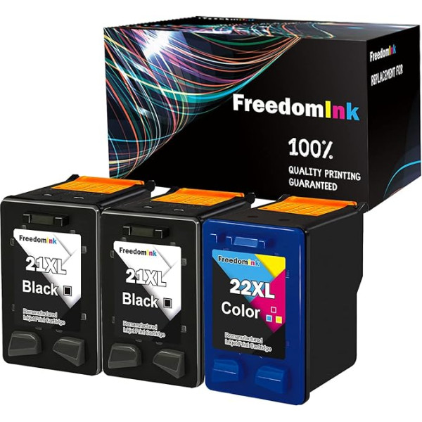 FreedomInk 21XL 22XL printeru kasetnes saderīgas ar HP 21 22 XL tintes kasetnēm, kas paredzētas HP PSC 1410, Officejet 4315, Deskjet 3940 D1530 D2360 D2460 F380 F2180 F2224 F4180 (2 melnas, 1 krāsaina)