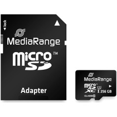 MediaRange Micro SDXC atmiņas karte ar SD adapteri 256 GB - 10. ātruma klase, nolasīšanas ātrums līdz 80 MB/s, ārējā datu glabāšana mobilajām ierīcēm, piemēram, digitālajām kamerām vai viedtālruņiem