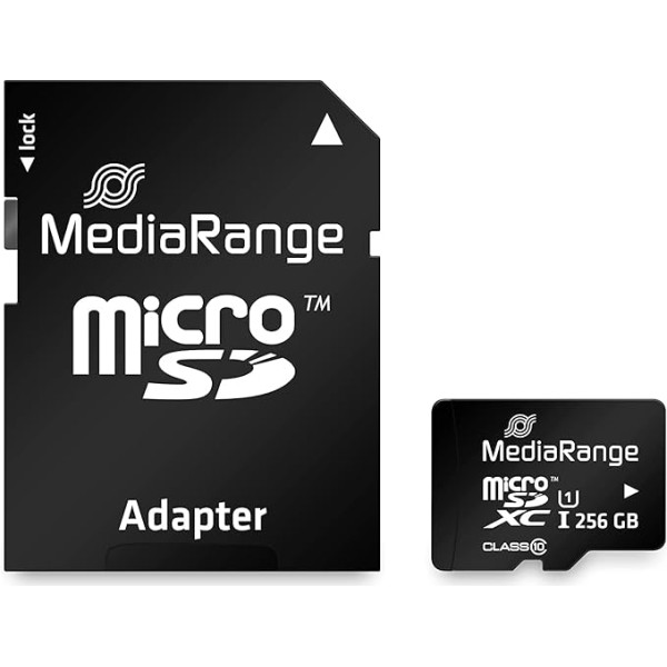 MediaRange Micro SDXC atmiņas karte ar SD adapteri 256 GB - 10. ātruma klase, nolasīšanas ātrums līdz 80 MB/s, ārējā datu glabāšana mobilajām ierīcēm, piemēram, digitālajām kamerām vai viedtālruņiem