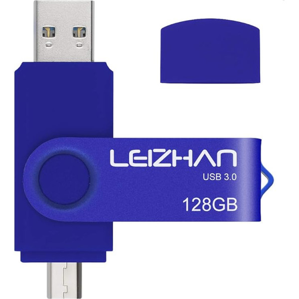 leizhan USB zibatmiņas disks 128 GB 3.0 Micro Flash Drive ar Micro Memorystic USB diska pieslēgumu Memory Stick Android viedtālrunim datoram (128 GB, zils)