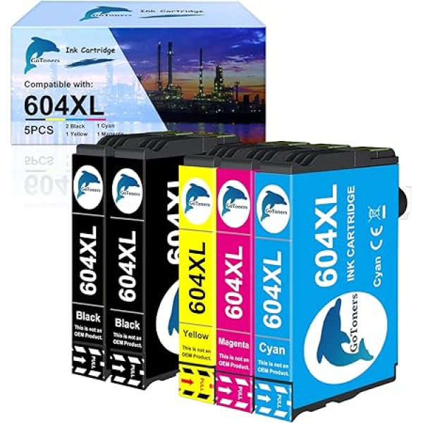 GoToners 604 XL spausdintuvo kasetės suderinamos su Epson 604 604XL kasetėmis, skirtomis Expression Home XP-3200 XP-3205 XP-4200 XP-4205 XP-2200 XP-2205, Workforce WF-2910 WF-2930 WF-2935 WF-2950 (5 vnt.)