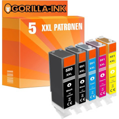 Gorilla-Ink 5 kasetnes saderīgas ar Canon PGI-580 CLI-581 XXL | Piemērots Pixma TR-7520 TR-7550 TR-8520 TR-8550 TS-705 TS-6150 TS-6151 TS-6220 TS-6240 TS-6241 TS-625 t0 TS-6251 TS-6251 TS-6350