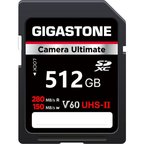 GIGASTONE UHS-II V60 512GB SD karte Ultimate Camera Speed līdz 280/150MB/s, U3 SDXC 4K Ultra HD UHD video DSLR Canon, Nikon, Sony, Pentax, Kodak, Panasonic, komplektā 1 mini somiņa