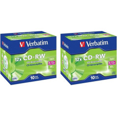 Verbatim CD-RW 700 MB, 20 eksemplāru iepakojums, ierakstāmie kompaktdiski, 52x ierakstīšanas ātrums un ilgs kalpošanas laiks, tukšie kompaktdiski, audio kompaktdiski, tukšie kompaktdiski ar iespēju pārrakstīt, tukši kompaktdiski