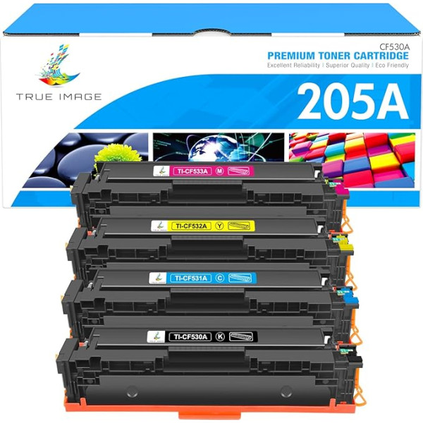 TRUE IMAGE suderinama tonerio kasetė, pakeičianti HP 205A MFP M181fw tonerį Color LaserJet Pro M180n M180nw M154a M154nw M181 M180 M154 CF530A CF531A CF532A CF533A (juoda, žydra, geltona, purpurinė, 4 pakuotės)