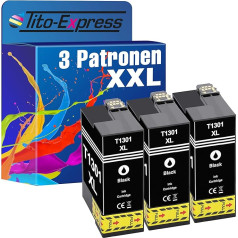 Tito-Express PlatinumSerie 3X Printeru kasetnes XXL kā aizstājējs Epson TE1301 melnajam | Piemērots Stylus Office B 42 WD BX 525 WD BX 535 WD BX 625 FWD Workforce 525 630 WF-3010 DW WF-3500