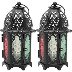 Iron Candle Lantern, Retro Candle Holder, Stained Glass Candle Holder with 2 Portable Tea Light Holders, Decorative Candle Lanterns, Vintage Metal Candle Lantern for Home Decoration, Black