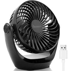 Ocoopa USB ventilators, mazs galda ventilators ar spēcīgu gaisa plūsmu un klusu darbību, 3 ātrumi, 360° rotējoša galva, viegli pārnēsājams birojā, mājās un ārā (melns)