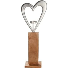 GILDE Heart Candlestick Aluminium on Wooden Base Silver-Brown Gift Birthday Mother's Day Valentine's Day Decoration Wedding Height 85 cm