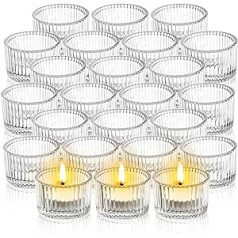 Elsjoy Pack of 24 Glass Tea Light Holders Small Clear Glass Votive Candle Holder Mini Ribbed Tea Light Holder for Wedding, Birthday, Festival, Table Decoration