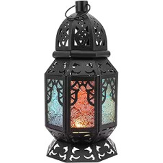 Lewondr Lantern Candle Holder, Small Size Moroccan Style Metal Lantern with Handle and Stained Glass, Decorative Lanterns for Home, Garden, Christmas, All Saints' Day, Halloween, Ramadan - Black