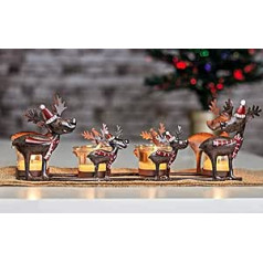 HomeZone Christmas Reindeer Votive arbatos žvakių laikiklis – kaimiškas metalinis šiaurės elnių ir 4 stiklinių arbatos žibintų laikiklis – šventinė dovana Kalėdų stalo dekoravimui Rudolf Santa