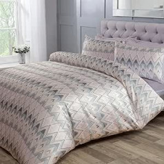 Sleepdown Chevron Jacquard Zig Zag ģeometriskās svītras, maigi rozā pelēks luksusa gultas veļas komplekts ar spilvendrānu — vienvietīgs (135 x 200 cm)