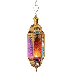 Purity Ornate Moroccan Style Tea Light Lantern - Multi-Colour Glass and Gold Metal Medium 10cm x 8.5cm x 33.5cm