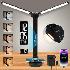 Liyabber Desk Lamp with Clock LED Dimmable Touch Table Lamp with Wireless Charging, Double Head Eye Protection Bedside Lamp with USB Charging Port, Wireless Charger Reading Lamp with Timing Function