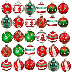 30 Christmas Baubles Christmas Decoration Set, 6 cm Plastic Christmas Tree Baubles with Hanger, Shatterproof Plastic, Christmas Tree Decoration, Hanging Tree Decoration Set (Red, Green, White)