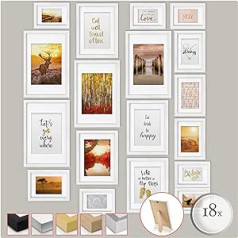 Bomoe Passion Picture Frames, Set of 18 in Black or White for Picture Collages, Made of Wood and Plexiglass with Metal Mounting Bracket, Stand, and Passe-Partout, 6 in size 10.5 x 15.0 cm, 4 in size 13.0 x 18.0 cm, 4 in size 18.0 x 24.0 cm, and 4 in size 