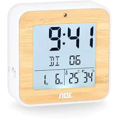 ADE Radio Alarm Clock Digital with Battery | 2 Alarm Times | Temperature Display | Humidity | Housing with Real Bamboo | Travel Alarm Clock | Radio Clock with DCF Time Signal | Snooze Function