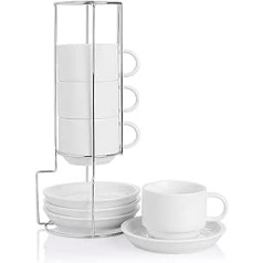 Sweejar mājas porcelāna espresso krūzes ar apakštasītēm, 230 ml sakraujamas kapučīno krūzes ar metāla statīvu kafijas dzērieniem, latte, tēja, komplekts pa 4 (balts)