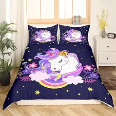 Unicorn Gultas veļa Bērnu Gultas veļa Unicorn 135 x 200 cm Meitenēm Violets Unicorn Bērnu gultas veļa Ziedi Zirgu gultas veļas komplekts Rozā dzeltens un varavīksnes vienradzis Segas pārvalks ar rāvējslēdzēju Unicorn gultas veļa