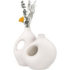 aiskding keramikas vāze, 2 balti matēti keramikas kaltēti ziedi amatniecības rotājumi galda virsmai ar pampas zāli, mājas dekorēšana