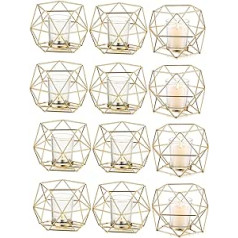 Hewory Tea Light Holder Gold Candle Holder Metal Set of 12 Geometric Gold Decorative Tea Light Holder Glass Candle Holder Gold for Living Room Decoration Modern Bedroom Decoration Wedding Table