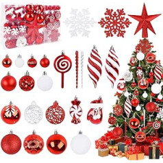 Christmas Tree Baubles Set of 128 Christmas Baubles Christmas Decoration Set, Christmas Tree Topper & Christmas Tree Decorations for Indoor and Outdoor Use, Christmas Tree Decorations (Red)