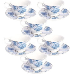 Fanquare 150 ml ziedu komplekts ar 6 kafijas tasītēm un paliktnīšiem, porcelāna kapučīno tasītes, tējas tasīte dzimšanas dienai, kāzām un ballītei, zils