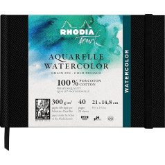 Rhodia Rhodia Touch 116137C Akvarelės knyga Smulkiagrūdis popierius, 100 % medvilnė, 300 g, 20 lapų, A5, peizažo formatas, idealiai tinka akvarelei, juodas, 1 pakuotė