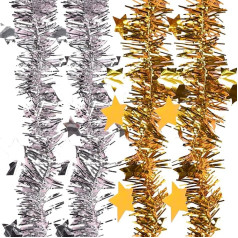 Lezevn Pack of 8 Christmas Star Tinsel Garland Decoration Xmas Tree Garland Tinsel Decoration (Gold, Silver)