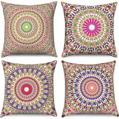 Hnmdmyi Boho spilvena pārvalks, 50 x 50 cm, 4 gabali, krāsains retro ziedu mandala kompasa medaljons, bohēmisks dekoratīvs spilvena pārvalks, lina spilvena pārvalks dīvānam, dīvānam, gultai, dārzam, ārpus telpām, mājai