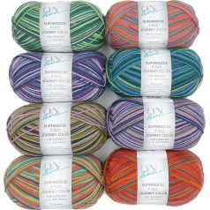 Tiešsaistes Garne zeķu vilnas 4 kārtu iepakojums, Supersocke 350 Journey Colour, 8 x 100 g, 4 kārtu zeķu dzija, krāsaina zeķu dzija adīšanai vai tamborēšanai, piemērota žāvēšanai veļas žāvētavā