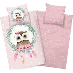 Aminata kids Owl Patalynė 135 x 200 cm Vaikų mergaičių medvilninė medvilnė pelėdos motyvas Pink Zip Reversible Vaikų patalynės komplektas Teenager Paukščių gyvūnai Gyvūnų motyvai Gėlės