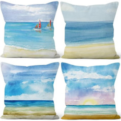 Aoihrraan 50 x 50 cm 4 dekoratīvo spilvenu pārvalku komplekts Summer Sunrise Blue Sea Beach Sailing Boat Soft Plush Square Cushion Cover Gulta Dzīvojamā istaba Āra balkons Terase Krēsls Dārza dīvāns