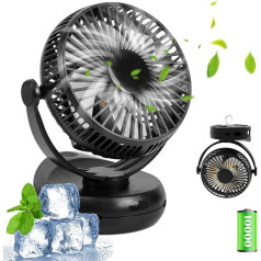 Mursche Clip Fan, mazs galda ventilators, USB, 10000 mAh akumulators, mini ventilators, kluss, 4 ātrumi, kempinga ventilators ar LED apgaismojumu, uzlādējams 3-in-1 mini ventilators, melns teltij, guļamistabai, birojam