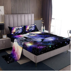 Loussiesd 3D violeta violeta Galaxy Wolf gultas veļas komplekts Violeta kosmosa vilku gultas veļas komplekts Galaxy Dream Catcher Fitted Sheet 4 gabali satur 1 plakano lapu un 1 plakano lapu ar 2 spilvendrānām Soft Double Bed