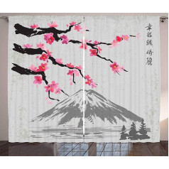 Abakuhaus Japāņu lauku aizkari, Fujiyama Cherry Blossoms, dzīvojamā istaba, universāli līmlentes aizkari ar cilpām un āķiem, 280 x 175 cm, melni pelēki